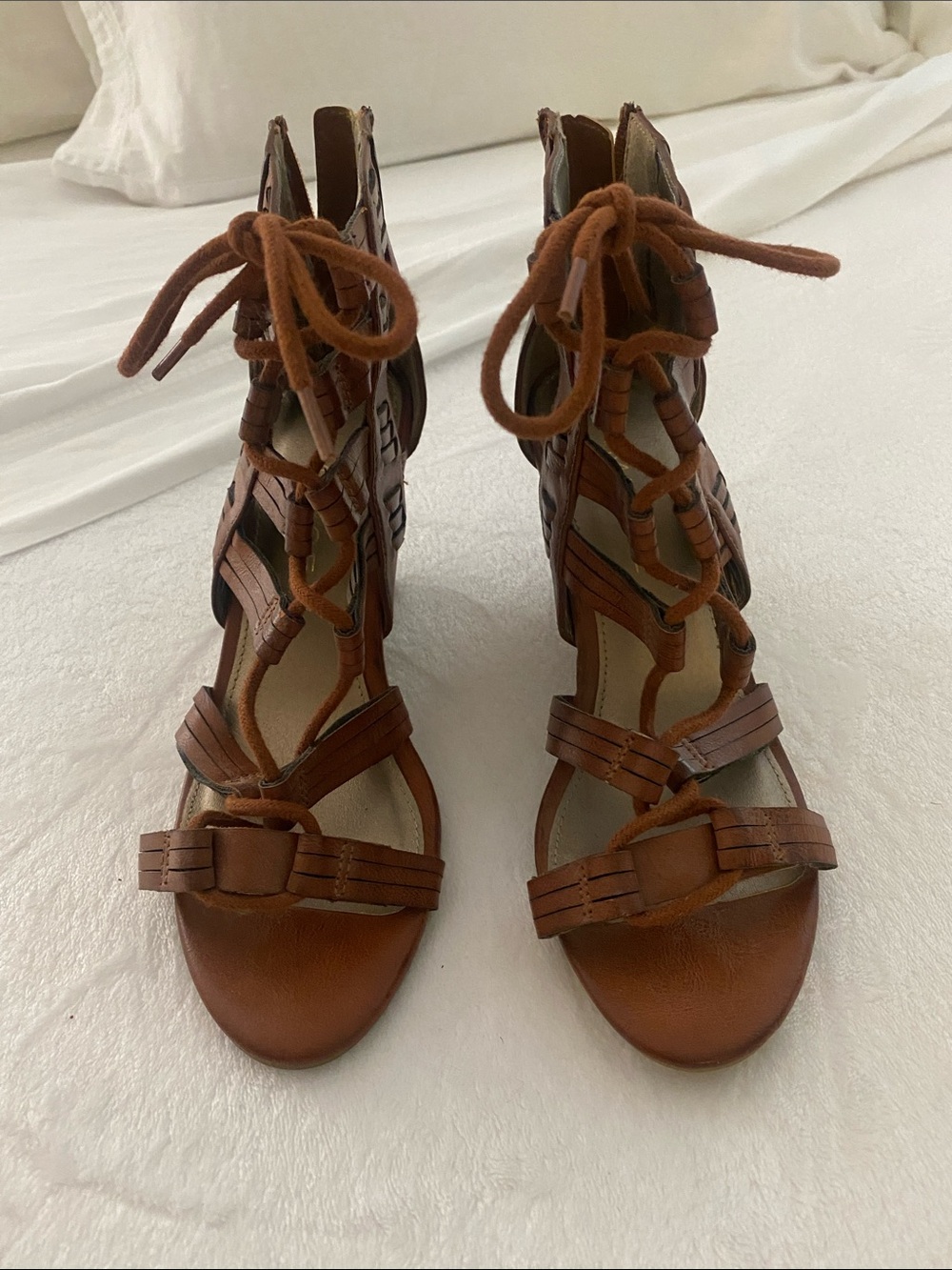 Rampage Brown Leather Lace-Up Heeled Sandals